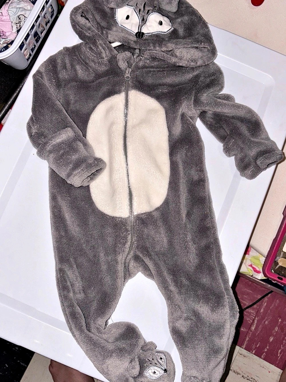 Duck Duck Goose Fox Hooded Footie Coverall Gray & White Baby 3-6M